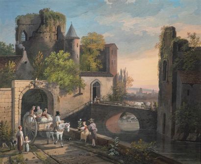 null Louis GADBOIS (1770-1826) 
Vue animée d'une entrée de ville fortifiée près d'une...