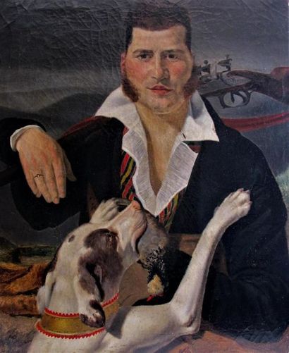 null École française du XIXe siècle 
Portrait de chasseur avec son chien tenant sa...