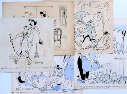 Paul HAROT, (1895-1987).
Cinq dessins d'humour...