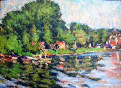 null Clarence Montfort GIHON (1871-1929)
Les bords de Seine
Huile sur panneau signée...