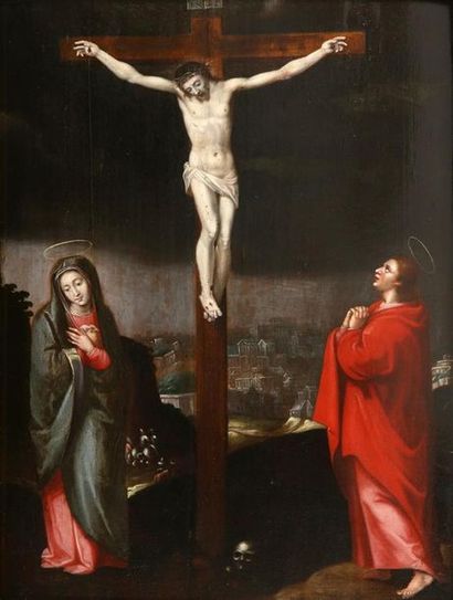 null École flamande vers 1605 
Le Christ en croix entouré de la Vierge et Saint Jean...