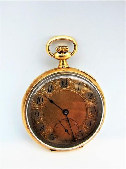 null Montre de gousset en or jaune 750°/°° (18k), cadran doré et gravé de rinceaux...