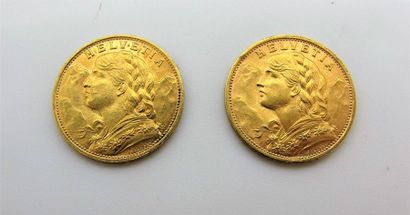 null 20 FRANCS SUISSE OR 
Deux monnaies Helvetia, années 1922 et 1927
Poids: 12,9...