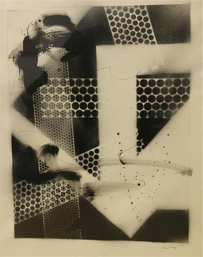 null Jean-Paul VAN LITH (1940)
Abstraction.
Pochoir en noir et blanc signé et daté...