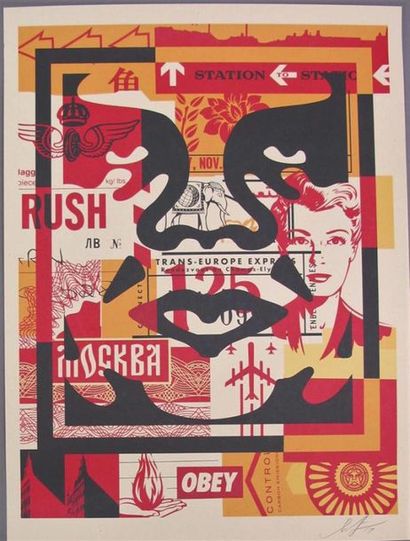 null Shepard FAIREY (1970). 
Obey collage. Tryptique, sérigraphie, signée, datée...