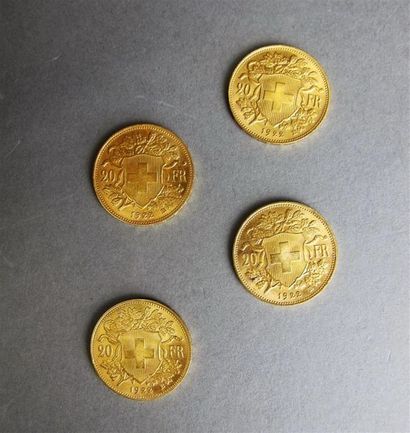 null SUISSE
Quatre monnaies de 20 francs Suisse or,Confédération Hélvétique, 1922.
Poids...