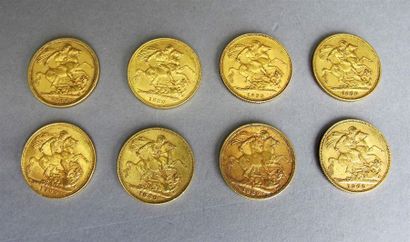 null ANGLETERRE
huit monnaies en or Souverain, Victoria, 1879,1880, 1886 1889 (2),...