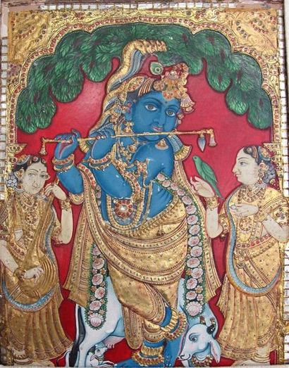 null INDE, XIXe siècle.
Icône représentant Krishna berger, jouant de la flute, debout...