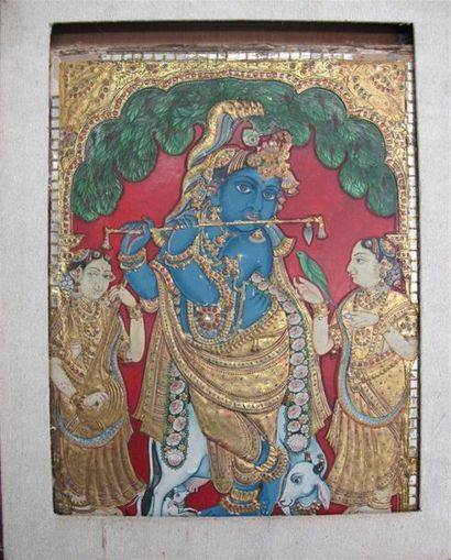 null INDE, XIXe siècle.
Icône représentant Krishna berger, jouant de la flute, debout...