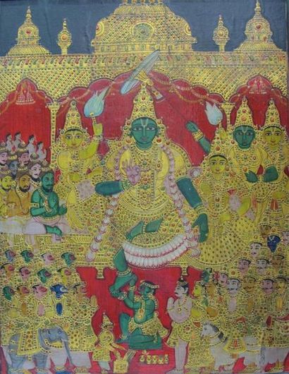 null INDE, XIXe siècle.
Icône représentant Vishnu et sa cour sur fond de palais....