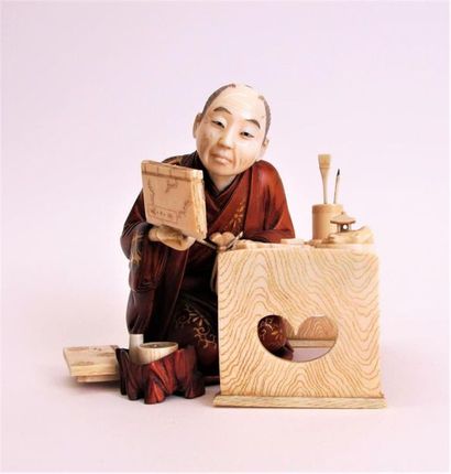 null JAPON, période MEIJI (1868-1912) 
Sujet en bois sculpté et en ivoire sculpté,...
