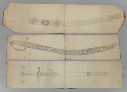  Ecole française du début du XIXe siècle. Trois dessins de fourreau d'épée provenant...