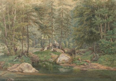 null Oscar VAN ALVENSLEBEN (avant 1840-1903)
Scène de délassement dans une forêt...