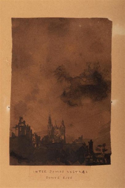 null Victor HUGO (1802-1885) 
Paysage. 
Lavis d'encre noire sur papier contrecollé...