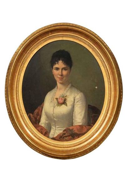 null ECOLE FRANCAISE DE LA FIN DU XIXe siècle.
Portrait de femme au bouquet à la...