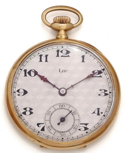 null LIP
18k yellow gold pocket watch, guilloché dial with Arabic numeral indexes,...