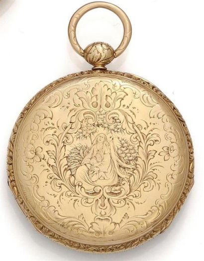 null Pocket watch in 18k yellow gold. Decoration carved with interlacing and acanthus...