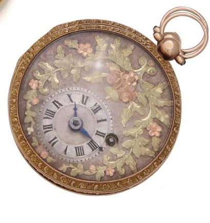 null Pocket watch in 18k yellow and pink gold, silvered guilloché dial with pink...