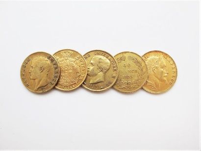 null FRANCE
5 monnaies en or comprenant: 
50 francs or Napoléon III tête laurée,...