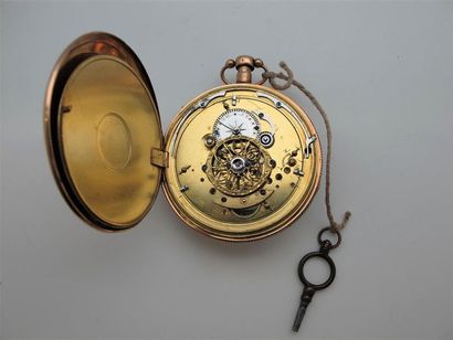 null 18k yellow gold pocket watch, white enamelled dial with Arabic numeral indexes....