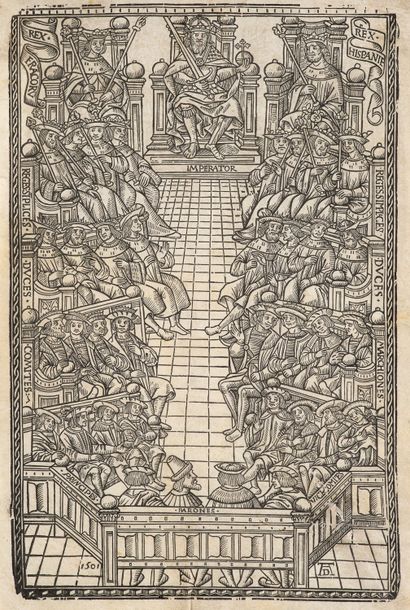 (Der kaiserliche Rat.) Um 1529. Holzschnitt auf Pergament. 27,5 x 18 cm (30,2 x 19,7... Gazette Drouot