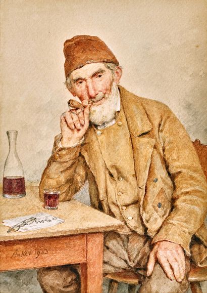 ANKER, ALBERT ­ Sitzender Mann mit Pfeife und Glas am Tisch. ANKER, ALBERT (1831... Gazette Drouot