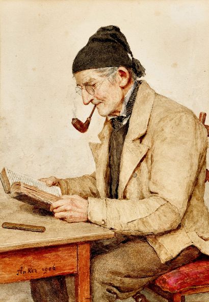 ANKER, ALBERT ­ Lesender Mann mit Pfeife. ANKER, ALBERT (1831 Ins 1910)
Lesender... Gazette Drouot