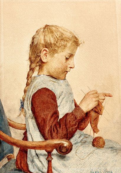 ANKER, ALBERT ­ Strickendes Mädchen. ANKER, ALBERT (1831 Ins 1910)
Strickendes Mädchen.
Aquarell,
sig.... Gazette Drouot