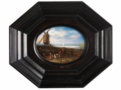 Joseph van Bredael, LANDSCHAFT MIT MÜHLE UND REISENDEN
Öl auf Kupfer.
6,8 x 9 cm.
Gerahmt.

Ovales... Gazette Drouot