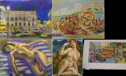 null André DELUOL (1909-2003) 

Lot de pastels sur papier : 

- L'Opéra Garnier....