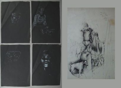 null Lot de 5 dessins :

- Charles Delaunay? Portraits. Suite de 4 dessins au crayon...