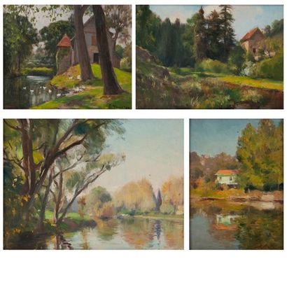 null Edmond QUINTON (1892-1969) 

Paysage lacustre. 

Quatre huiles sur panneau ou...