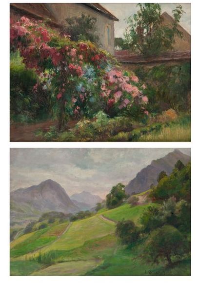 null Edmond QUINTON (1892-1969) 

Paysage montagneux et maison avec rosier. 

Deux...