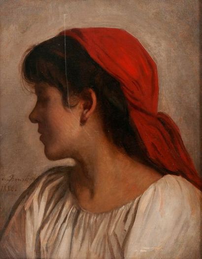 null Ecole du XIXème siècle 

Portrait de femme au fichu rouge. 

Huile sur toile....