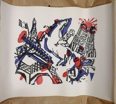 LORJOU 

Ensemble de lithographies à décor de tour Eiffel et Notre Dame, à taches...
