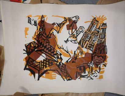 LORJOU 

Ensemble de lithographies à décor de tour Eiffel et Notre Dame à taches...