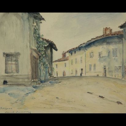 Daniel DOUROUZE (1874-1923) 

Le village de Solignac, 1921. 

Aquarelle et fusain....