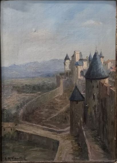 A.M. VIDAILLET Les remparts de Carcassonne.
Huile sur toile.
Signée en bas à gau...