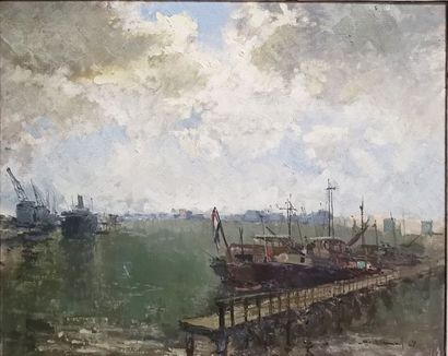 Ecole du XXème siècle 

Bateaux et paquebot à quais. [19]47.

Huile sur toile.

Signée...