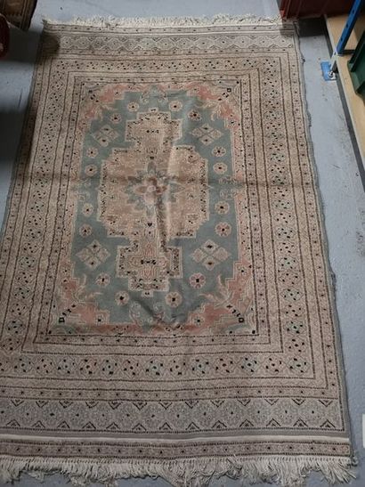 PAKISTAN 

Tapis en laine bleu et rose.

Usures.