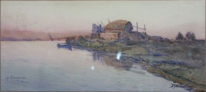 Alphonse REY (1865-1938) 

La Camargue, paysage avec barque amarrée au soir.

Aquarelle...