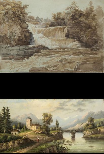 A. RUEFF (XIXème) 

Paysage de montagne animé. 1876.

Huile sur panneau.

Signée...