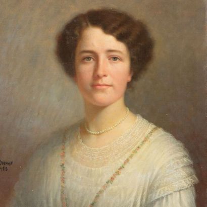 René JOUHAN (1835-1927) 

Portrait de dame à la robe blanche. 1912

Huile sur toile.

Signée...