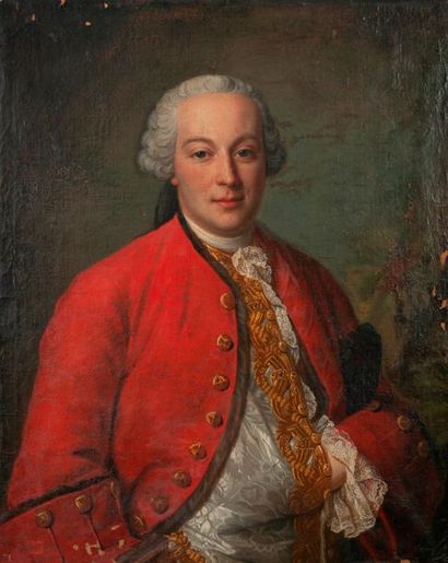 Ecole Française du XVIIIème siècle 
Portrait d'homme à la veste rouge.
Huile sur...