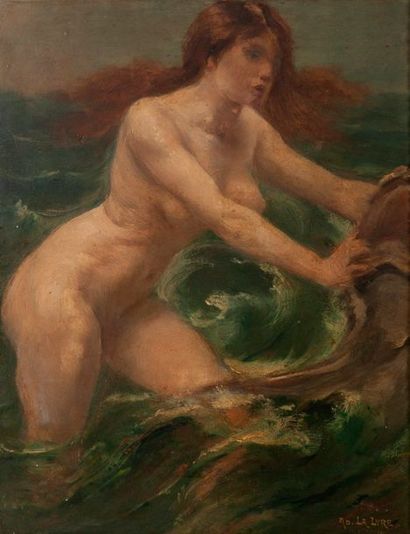 Adolphe LA LYRE (1848-1933) 

Jeune femme à la vague. 

Huile sur carton.

Signée...