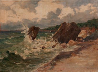 Eugène Baptiste E. DAUPHIN (1857-1930) 

Vagues se brisant sur des rochers. 

Huile...