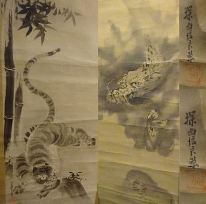 JAPON, Ecole Zen 

Dragon à trois griffes dans un paysage embrumé - Tigre bondissant...