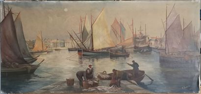 E. RIVOALLAN (XIXème-XXème) Le débarquement de la pêche, dans un port. 1944.
Huile...