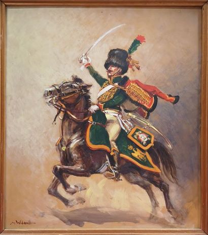 Marcel WIBAULT (1905-1998) 

Chasseur à cheval de la Garde Impériale chargeant. 

Huile...