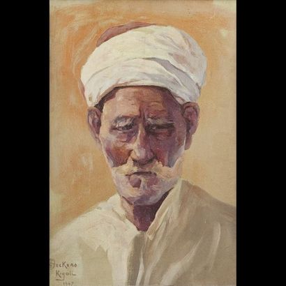 Emile DECKERS (1885-1968) 

Kigali, homme au turban, 1947. 

Huile sur carton. 

Signée...